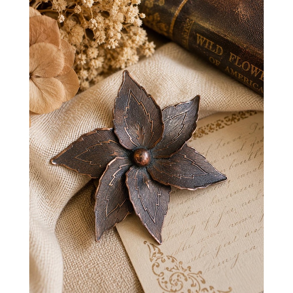 Vintage 1950s Etched Copper Pinwheel Flower Brooch  Mid Century Jewelry
